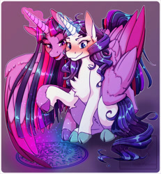 Size: 1280x1388 | Tagged: safe, artist:pastel-pony-pictures, character:rarity, character:twilight sparkle, species:alicorn, species:pony, species:unicorn, ship:rarilight, g4, blushing, cloven hooves, holding hooves, magic aura, magic circle, winghug