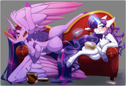 Size: 1500x1020 | Tagged: safe, artist:pastel-pony-pictures, character:rarity, character:twilight sparkle, species:alicorn, species:pony, species:unicorn, ship:rarilight, g4, blushing, fainting couch, gray background, ice cream, imitation, magic aura, spoon