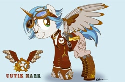 Size: 3300x2163 | Tagged: safe, artist:bunnimation, oc, oc only, species:pony, artificial wings, augmented, boots, clothing, female, goggles, high res, mare, mechanical wing, one eye closed, simple background, solo, steampunk, wings