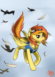 Size: 1000x1400 | Tagged: safe, artist:spittfireart, character:spitfire, species:bird, species:pegasus, species:pony, clothing, female, flying, goggles, solo, vest, wonderbolts