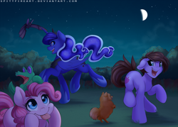 Size: 1400x1000 | Tagged: safe, artist:spittfireart, character:gummy, character:pinkie pie, character:princess luna, oc, species:bat, species:dog, blep, happy, night, tongue out