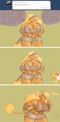 Size: 900x1841 | Tagged: safe, artist:weasselk, character:braeburn, character:little strongheart, species:anthro, species:buffalo, ship:braeheart, angry, ask strongheart, big breasts, big strongheart, breasts, busty little strongheart, cheeky, comic, female, huge breasts, impossibly large breasts, male, muscles, shipping, straight, strong fat, thumbs up, tumblr
