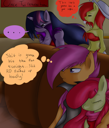 Size: 5340x6255 | Tagged: safe, artist:reneesdetermination, character:apple bloom, character:scootaloo, character:twilight sparkle, oc, species:anthro, species:pegasus, species:pony, comic:heart burn, absurd resolution, comic, explicit series, older, vulgar