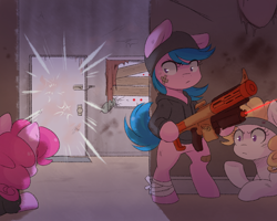 Size: 1000x800 | Tagged: safe, artist:spittfireart, character:firefly, character:pinkie pie, character:surprise, species:pony, g1, bandage, bipedal, clothing, door, g1 to g4, generation leap, hat, headband, hoodie, nerf, nerf gun, nerf recon, weapon