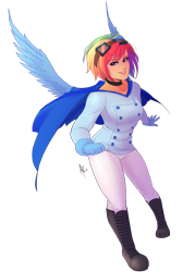Size: 1000x1400 | Tagged: safe, artist:spittfireart, character:rainbow dash, species:human, cape, clothing, female, goggles, humanized, solo, winged humanization