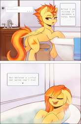 Size: 1600x2443 | Tagged: safe, artist:spittfireart, character:spitfire, species:pegasus, species:pony, ask, ask spitfire, bath, bathtub, bipedal, bipedal leaning, claw foot bathtub, cute, cutefire, dialogue, leaning, plot, tumblr, tumblr comic, wet mane, wings