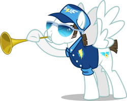Size: 1024x816 | Tagged: safe, artist:chainchomp2, character:fast clip, species:pegasus, species:pony, .svg available, bugle mistaken for a trumpet, cap, clothing, hat, male, manerick, musical instrument, shirt, simple background, solo, stallion, sunglasses, transparent background, trumpet, uniform, vector