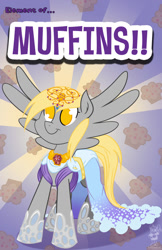 Size: 600x927 | Tagged: safe, artist:bunnimation, character:derpy hooves, species:pegasus, species:pony, clothing, colored pupils, dress, element of harmony, element of muffins, female, food, muffin, muffin queen, solo, spread wings, text, wings