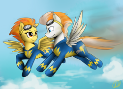 Size: 2200x1600 | Tagged: safe, artist:spittfireart, character:fire streak, character:spitfire, eye contact, flying, goggles, looking at each other, sky, wonderbolts, wonderbolts uniform
