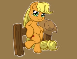 Size: 1650x1276 | Tagged: safe, artist:latecustomer, character:applejack, species:pony, bipedal, bipedal leaning, female, fence, solo