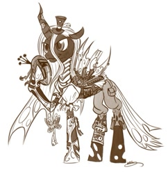 Size: 579x599 | Tagged: safe, artist:bunnimation, character:queen chrysalis, species:changeling, changeling queen, clothing, female, frown, hoof hold, monochrome, signature, simple background, smiling, solo, standing, steampunk, white background