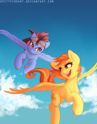 Size: 785x1000 | Tagged: safe, artist:spittfireart, character:spitfire, oc, oc:gale force, species:pegasus, species:pony, cloud, colored, cute, cutefire, duo, female, floppy ears, flying, goggles, looking at each other, male, mare, open mouth, sky, spread wings, stallion, wings
