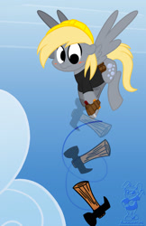 Size: 600x927 | Tagged: safe, artist:bunnimation, character:derpy hooves, species:pegasus, species:pony, clothing, female, flying, hammer, hat, sky, solo