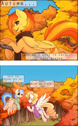 Size: 1300x2100 | Tagged: safe, artist:spittfireart, character:misty fly, character:spitfire, character:surprise, species:pegasus, species:pony, :o, autumn, camouflage, clothing, comic, flying, leaves, open mouth, palindrome get, prone, scarf, smiling, spread wings, sweater, tree, turtleneck, underhoof, wings