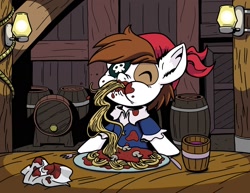 Size: 1650x1276 | Tagged: safe, artist:latecustomer, character:pipsqueak, species:earth pony, species:pony, chubby cheeks, clothing, colt, eating, eyepatch, eyes closed, food, male, messy, messy eating, pasta, pipsqueak eating spaghetti, pirate, solo, spaghetti, table