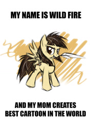Size: 964x1357 | Tagged: safe, artist:kejifox, character:wild fire, species:pegasus, species:pony, female, grammar error, image macro, mare, meme, mouth hold, quill, sibsy
