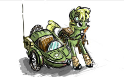 Size: 944x590 | Tagged: safe, artist:agm, oc, oc only, goggles, holster, military, motorcycle, ponified, sidecar, solo, weapon