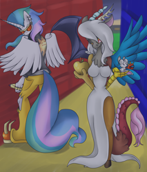 Size: 5340x6255 | Tagged: safe, artist:reneesdetermination, character:discord, character:princess celestia, oc:eris, species:anthro, species:plantigrade anthro, absurd resolution, alley, alleyway, apple, busty eris, clothing, dress, food, golden apple, mouse, prince solaris, rule 63, sunglasses