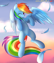 Size: 3000x3500 | Tagged: safe, artist:spittfireart, character:rainbow dash, cloud, feather, female, high res, solo