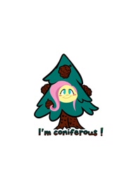 Size: 600x776 | Tagged: safe, artist:bunnimation, character:fluttershy, clothing, costume, female, fluttertree, pine tree, pinecone, solo, text, tree, tree costume