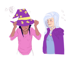 Size: 1280x988 | Tagged: safe, artist:demdoodles, character:trixie, character:twilight sparkle, species:human, ship:twixie, accessory swap, blushing, clothing, female, hat, humanized, lesbian, light skin, moderate dark skin, shipping, trixie's cape, trixie's hat