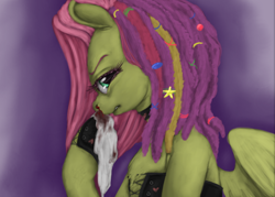 Size: 854x613 | Tagged: safe, artist:colorlesscupcake, character:fluttershy, alternate hairstyle, badass, blood, choker, clothing, corset, female, handkerchief, looking at you, nosebleed, solo