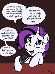 Size: 1200x1600 | Tagged: safe, artist:rwl, character:rarity, character:twilight sparkle, ship:rarilight, crossover, dialogue, female, lesbian, microphone, night vale, radio, shipping, solo, welcome to night vale
