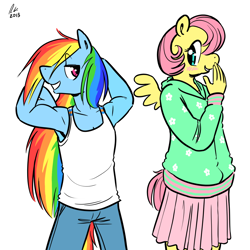 Size: 1280x1280 | Tagged: safe, artist:rwl, character:fluttershy, character:rainbow dash, species:anthro, ship:flutterdash, alternate hairstyle, armpits, bedroom eyes, biceps, blushing, clothing, cute, female, flirting, hoodie, jeans, lesbian, muscles, rainbuff dash, shipping, skirt, tank top