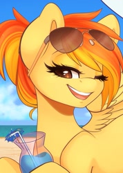 Size: 1229x1725 | Tagged: safe, artist:spittfireart, character:spitfire, species:pegasus, species:pony, beach, cloud, cute, cutefire, drink, female, glasses, mare, one eye closed, open mouth, sand, sky, smiling, solo, straw, sunglasses, water, wink