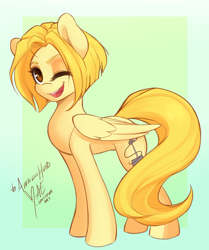 Size: 1280x1530 | Tagged: safe, artist:spittfireart, character:spitfire, anneli heed, cute, female, ponified, solo, voice actor, wink