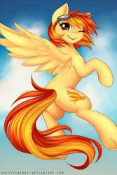Size: 1600x2400 | Tagged: safe, artist:spittfireart, character:spitfire, species:pegasus, species:pony, cloud, cute, cutefire, female, goggles, looking at you, mare, one eye closed, smiling, solo, underhoof, wink