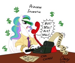 Size: 800x683 | Tagged: safe, artist:omny87, character:princess celestia, adding machine, alternate hairstyle, clothing, dollar sign, hat, necktie, phone, ponytail, pun, telephone, visual gag, watch