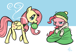Size: 1280x900 | Tagged: safe, artist:rwl, character:fluttershy, character:pinkie pie, ship:flutterpie, beanie, blanket, clothing, cold, female, hat, lesbian, shipping, shivering, teapot