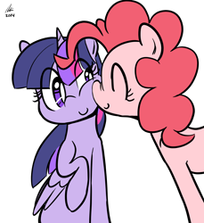 Size: 1100x1200 | Tagged: safe, artist:rwl, character:pinkie pie, character:twilight sparkle, character:twilight sparkle (alicorn), species:alicorn, species:pony, ship:twinkie, boop, cute, eyes closed, female, lesbian, mare, nose wrinkle, nuzzling, raised hoof, shipping