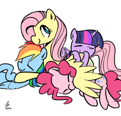 Size: 1280x1229 | Tagged: safe, artist:rwl, character:fluttershy, character:pinkie pie, character:rainbow dash, character:twilight sparkle, character:twilight sparkle (alicorn), species:alicorn, species:pony, butt pillow, butthug, cuddle puddle, cuddling, female, mare, pony pile, snuggling