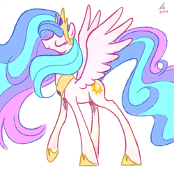 Size: 1200x1200 | Tagged: safe, artist:rwl, character:princess celestia, eyes closed, female, profile, simple background, smiling, solo, spread wings, walking, white background, wings
