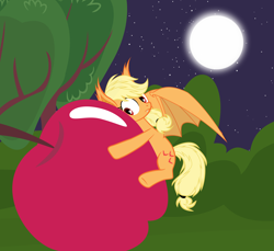 Size: 6000x5500 | Tagged: safe, artist:magister39, character:applejack, species:bat pony, species:pony, absurd resolution, apple, applebat, bat ponified, cuddling, female, giant apple, hug, moon, night, race swap, silly, silly pony, solo, that pony sure does love apples, vector, who's a silly pony