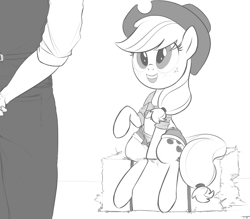Size: 1600x1400 | Tagged: safe, artist:tex, character:applejack, oc, oc:tex, clothing, daisy dukes, front knot midriff, grayscale, hay bale, midriff, monochrome, open fly, sitting, unbuttoned
