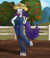 Size: 1108x1300 | Tagged: safe, artist:annakitsun3, character:rarity, species:anthro, episode:simple ways, g4, my little pony: friendship is magic, female, mud, overalls, rarihick, solo