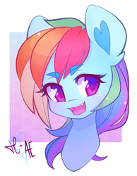 Size: 671x866 | Tagged: safe, artist:lolopan, artist:spittfireart, character:rainbow dash, abstract background, bust, colored pupils, cute, cute little fangs, dashabetes, ear fluff, fangs, female, heart eyes, open mouth, portrait, solo, wingding eyes
