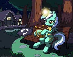 Size: 1650x1276 | Tagged: safe, artist:latecustomer, character:lyra heartstrings, species:pony, species:unicorn, bench, clothing, female, glow, lyre, mare, musical instrument, night, scarf, sitting, smiling, snow, solo, tree, winter
