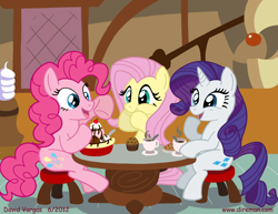 Size: 825x638 | Tagged: safe, artist:latecustomer, character:fluttershy, character:pinkie pie, character:rarity, ice cream, muffin, sugarcube corner, tea