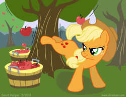 Size: 825x638 | Tagged: safe, artist:latecustomer, character:applejack, species:earth pony, species:pony, apple, apple tree, applebucking, applejack mid tree-buck facing the right with 3 apples falling down, applejack mid tree-buck with 3 apples falling down, falling, female, food, mare, show accurate, solo, tree