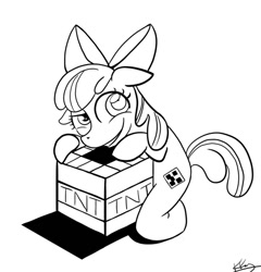 Size: 497x517 | Tagged: safe, artist:bunnimation, character:apple bloom, creeper, explosives, female, grin, incorrect leg anatomy, minecraft, monochrome, solo, tnt