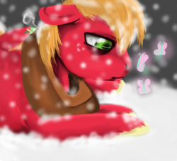 Size: 656x595 | Tagged: safe, artist:colorlesscupcake, character:big mcintosh, character:fluttershy, species:earth pony, species:pony, ship:fluttermac, butterfly, male, sad, shipping, snow, snowfall, solo, stallion, straight