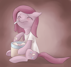 Size: 704x662 | Tagged: safe, artist:lightning-stars, character:pinkamena diane pie, character:pinkie pie, species:earth pony, species:pony, bandaid, clothing, comfort eating, crying, eyes closed, female, ice cream, left out, sad, shirt, sitting, solo, spoon, t-shirt