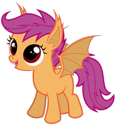 Size: 5534x6000 | Tagged: safe, artist:magister39, character:scootaloo, species:bat pony, species:pegasus, species:pony, absurd resolution, bat ponified, cute, cutealoo, fangs, female, looking up, open mouth, race swap, scootabat, simple background, smiling, solo, spread wings, transparent background, vampony, vector, wings
