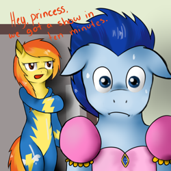 Size: 800x800 | Tagged: safe, artist:spittfireart, character:soarin', character:spitfire, species:pony, bipedal, caught, clothing, crossdressing, dress, floppy ears, hind legs, princess soarin, semi-anthro, unamused, wonderbolts uniform