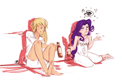 Size: 500x341 | Tagged: source needed, useless source url, safe, artist:demdoodles, character:applejack, character:rarity, species:human, ship:rarijack, alcohol, barefoot, blushing, drunk, drunk aj, drunk rarity, duo, feet, female, humanized, lesbian, shipping, simple background, sitting, smiling, white background