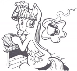 Size: 1857x1700 | Tagged: safe, artist:latecustomer, character:twilight sparkle, character:twilight sparkle (alicorn), species:alicorn, species:pony, book, coffee, cookie, cup, desk, female, floor, grayscale, magic, mare, monochrome, mouth hold, simple background, solo, telekinesis